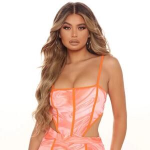 NWT Fashion Nova Bodysuit Womens L Neon Orange Mesh Swirl Sexy Cutout Clubwear‎